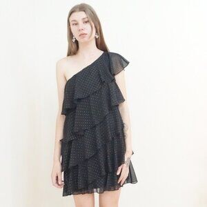 NWT MATTOX Women One Shoulder Tiered Glitter Mini Dress Sz 8 Black Elegant 6A-5
